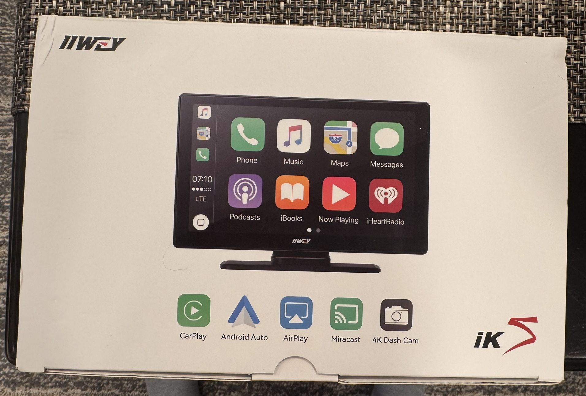 New in Box IIWEY iK5 portable wireless CarPlay and Android Auto screen, which also features a 4K dash cam and Backup Camera