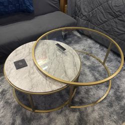 Modern Gold Nesting Coffee Table Set (2-Piece) – Glass & Marble Look