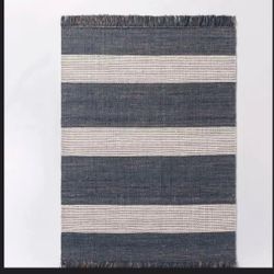 Threshold hand woven blue stripe jute wool rug 5ft x 7ft