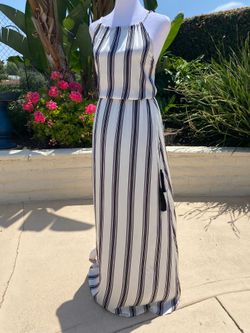 LOFT Black and White Striped Sleeveless Maxi Dress and Black Tassels