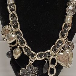 Bible Verse Multi Charm Necklace Chunky Heart Flower Beads Silver Tone