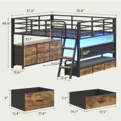 Full Size Low Loft Bed with Desk and 9 Storage Drawers,Loft Bed Full Size with 15.8" H Safety Guardrail, Kids Loft Bed with LED Lights & Charging Stat