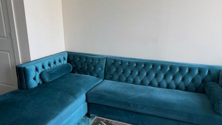 Teal Velvet Sectional with Storage Chaise