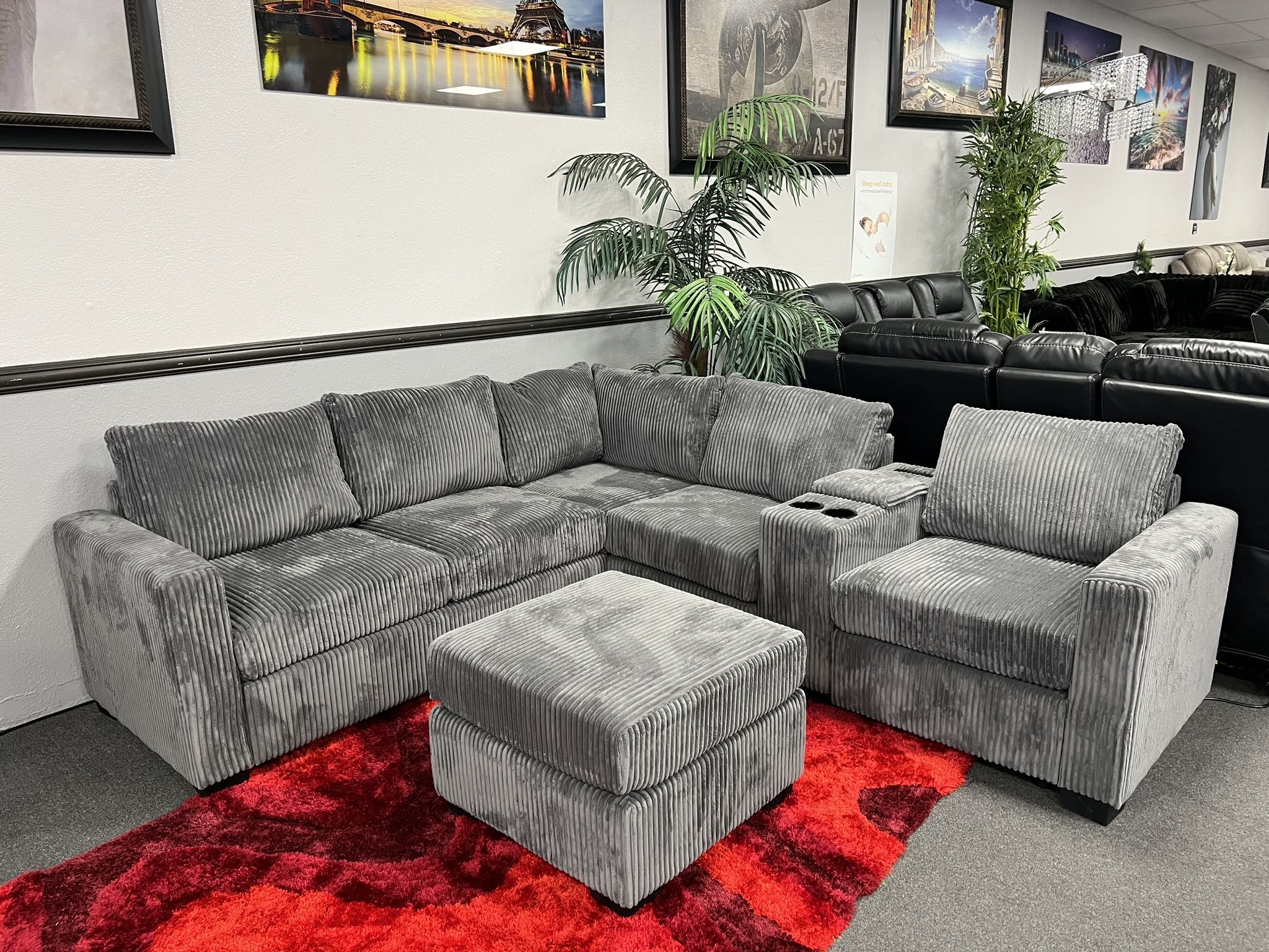 Dark Gray Sofa Sectional w/ Ottoman