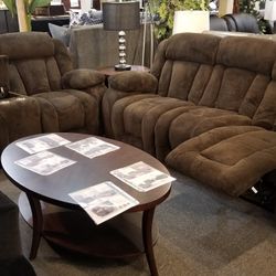 Brand New Brown Padded Fabric Manual Reclining Sofa + Loveseat 2PCs Seat