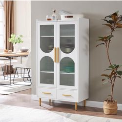 Home Source 59" Wood Exquisite Bar Wine Cabinet with Storage,Liquor Cabinet with Striped Glass Doors,Kitchen Pantry Storage Cabinet,Tall Bar Cabinet f