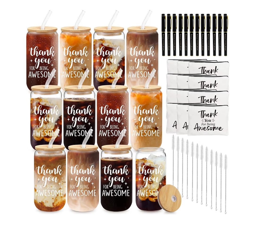 (8888-41) 12 Set Employee Appreciation Gifts Thank You Gifts Bulk for Coworker Staff Teacher Nurses, Thank You Glass Cups 16 oz Can Shaped Beer Glass