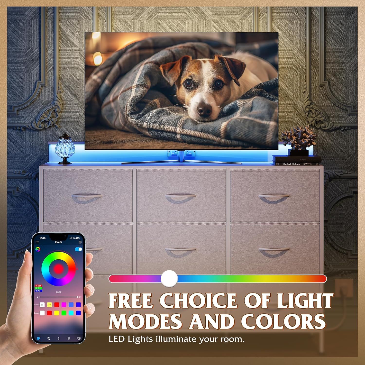 White LED TV Stand Dresser 9 Fabric Drawers With Charging Station 