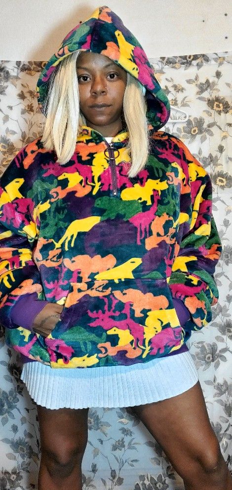 Urban Outfitters FairPlay Colorful Polar Fleece Half-Zip Hoodie Animal Camo Prin