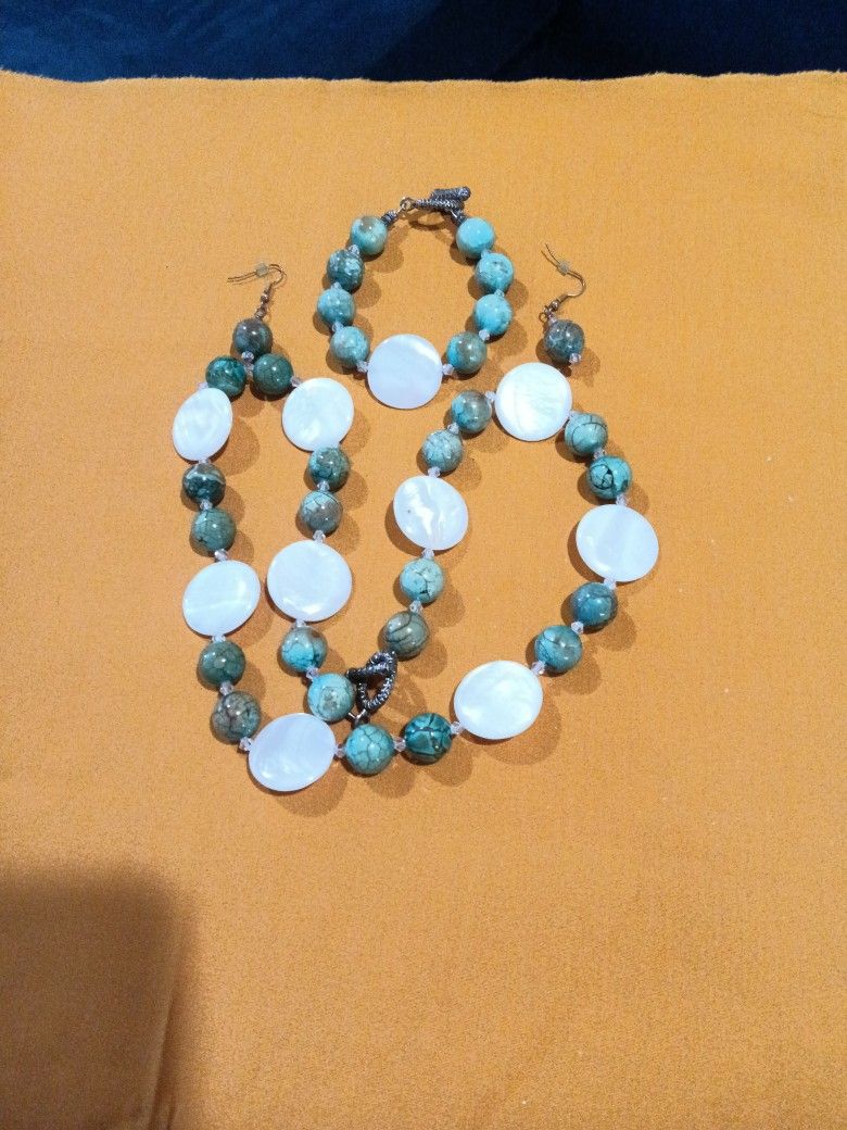 24 inch Genuine Turquoise & Pearl with Crystal Beads Handmade Necklace, Bracelet ( 8 inches), & Earrings 