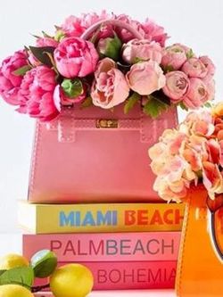 Pink handbag with floral scarf For house decoration or used as a flower vase Made of plastic
