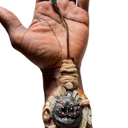 Handcrafted Owl Shell Pendant Necklace in Brown and Turquoise