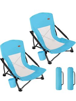 TOBTOS Low Beach Chair for Adults 2 Pack, Low Profile Folding with Cup Holder & Carry Bag, Heavy Duty Chair for Outdoor Sand, Camping, Concert, Travel
