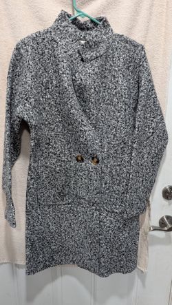 Grey Black White Bouclé Double Breasted Winter Coat Jacket - Size L
