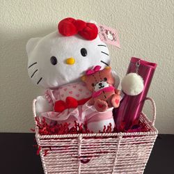 Valentines gift basket Starbucks Pink Stainless Vacuum Insulated Hot Tumbler Pom Fluffy Charm 16oz and hello kitty side stepper 