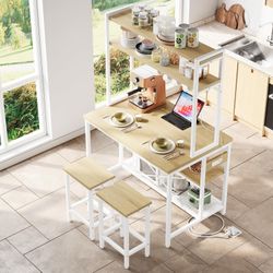 Kitchen Island with Stools, Dining Table Set with Storage and Power Outlet, Industrial Coffee Bar Table for Kitchen Dining Living Room, 10 Hooks (Natu