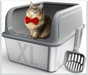 Cat Litter Box, XL, Stainless Steel w/Scoop, High-Sided, Anti-Leak, Top Entry