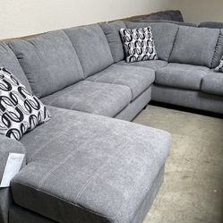 3 piece Gray Sectional Sofa Left facing Chaise 138x90 Top Stitching Accent Pillows $999 (was $1899) 