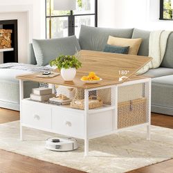 Flip Top Coffee Table, Square Coffee Table Metal Wood, Farmhouse Lift Up Cocktail Table, White