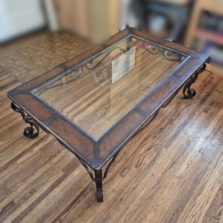 Vintage Thomasville Glass Coffee Table Embossed Leather Iron Base