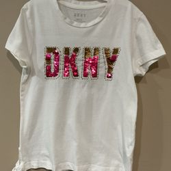 DKNY Girl’s White 60% Cotton/40% Polyester Sequins Adorned Shirt, M/8-10