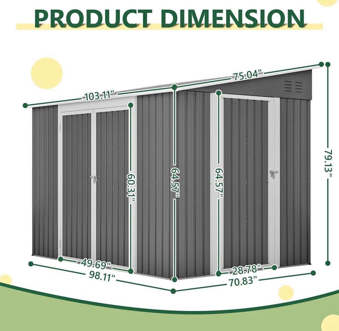 8' x 6' Metal Lean to Garden Shed,Outdoor Storage Shed with Lockable Double Doors and Adjustable Sid