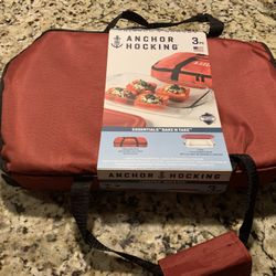 New 3 PCs Set Anchor Hocking Brand 9 By 13 Inch Glass Baking Dish, Snap Lid, Zippered Insulated Carrying Bag