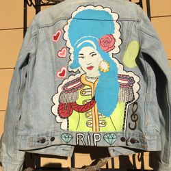 Vintage Levis Jean Jacket Handpainted Amy Winehouse Rock Punk Goth Urban Streetwear Music Graffiti Alcohol Booze RIP Beehive Retro