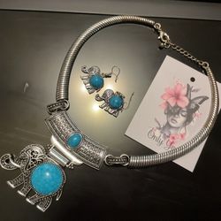 Silver And Turquoise Elephant Jewelry Set 