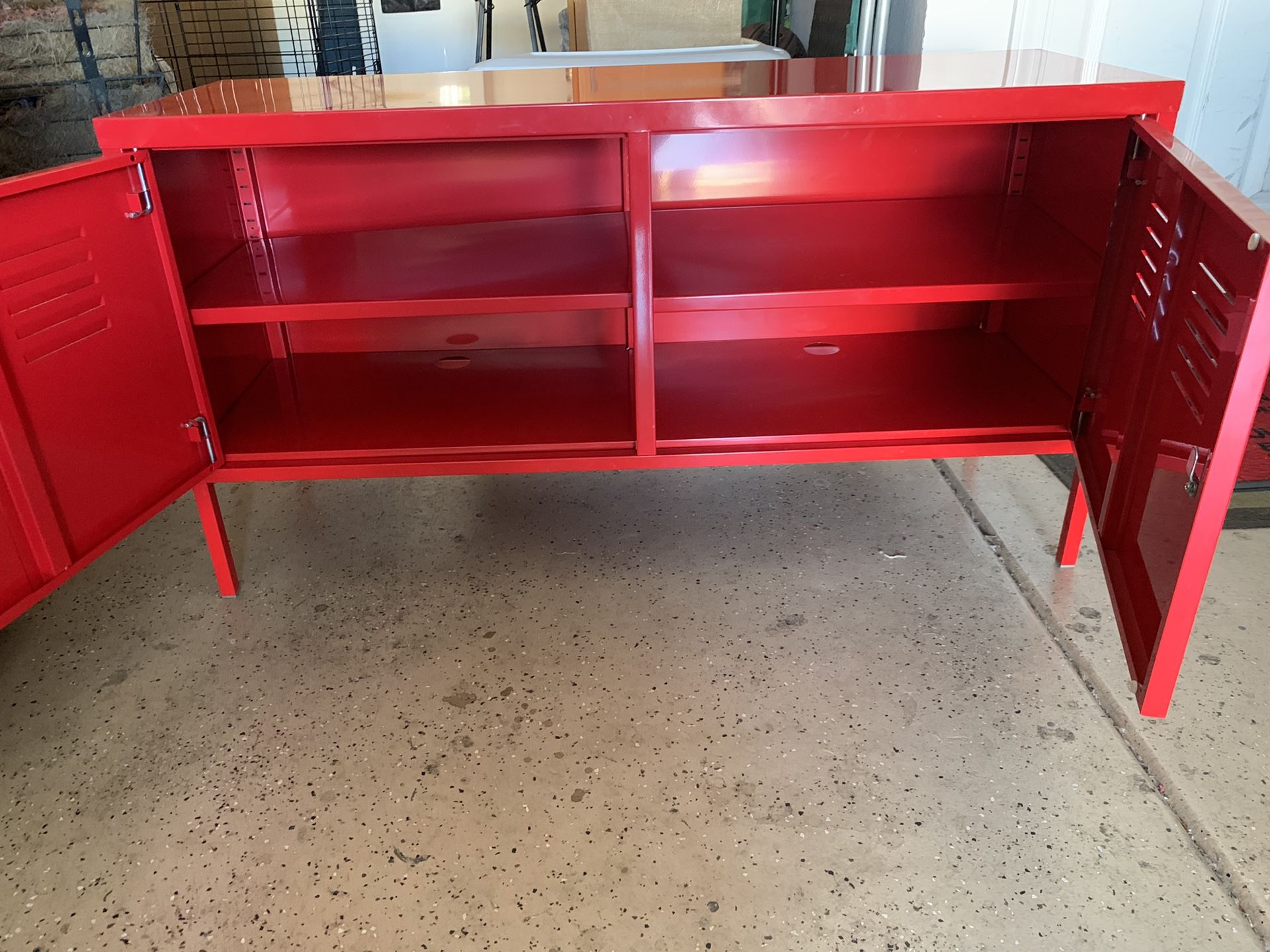 Red metal locker tv stand stereo gaming game system shelving unit for