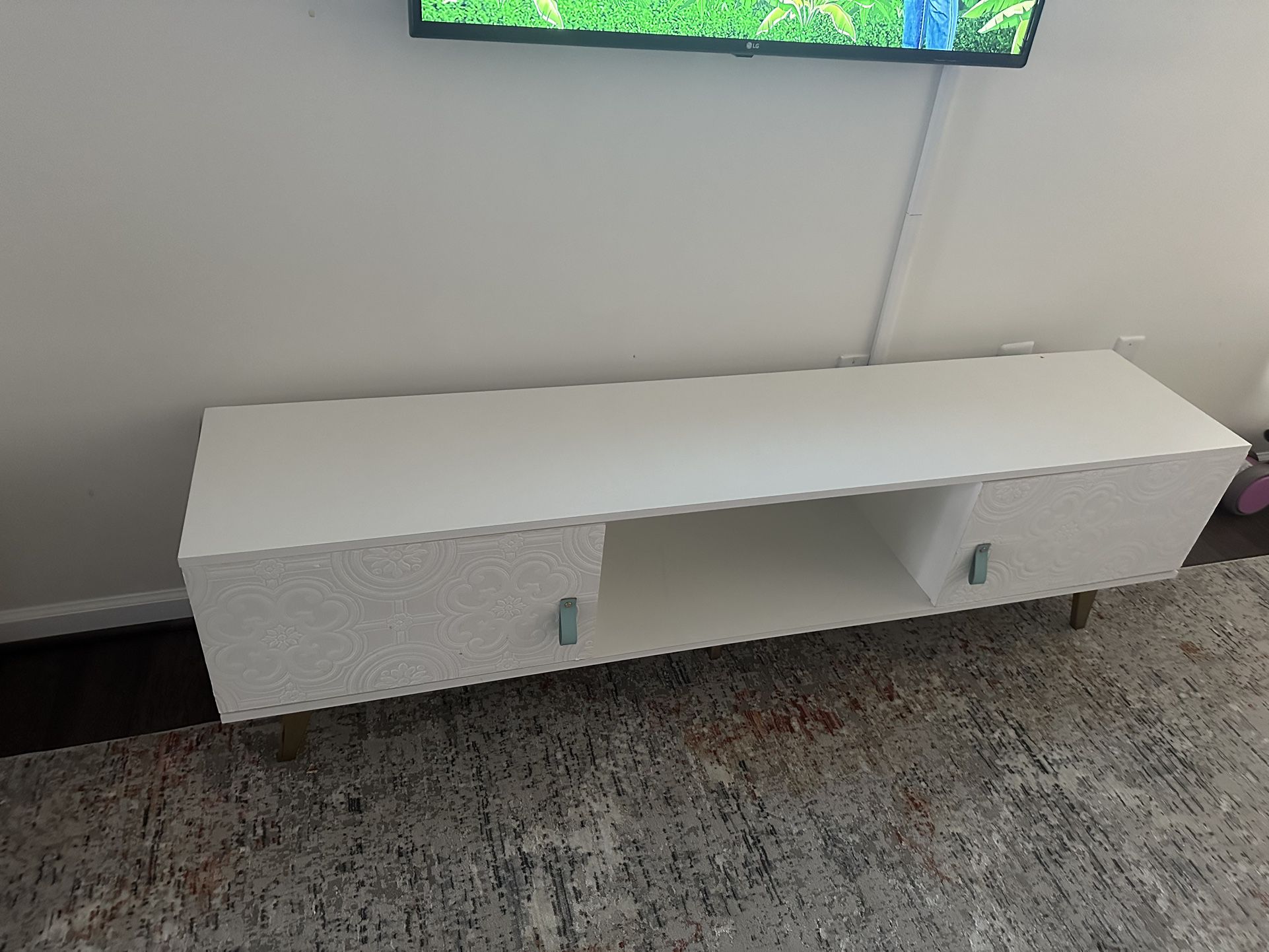 White Textured TV Console, With Leather Strap Pulls 