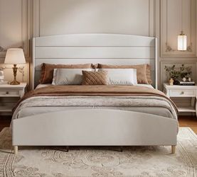 King Size Bed Frame,Soft Linen Upholstered Platform Bed with 51.6" Tall Wingback Headboard/Raised Footboard,Sturdy Wood Legs/Slats,Noise-Free,No Box S