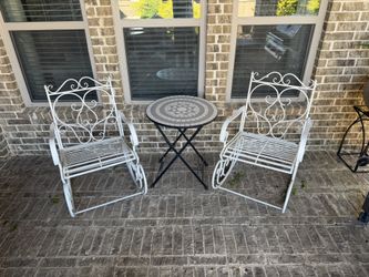 Set of Outdoor Metal Rocking Chairs and Ceramic Folding Table