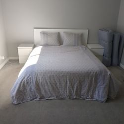 Queen Bed Frame, Mattress, Side Tables 