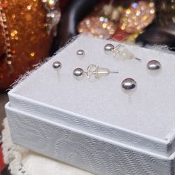 3 Pc Set 925 Sterling Silver Stud Earrings 