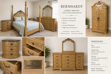 Bernhardt King Bedroom Set – Solid Wood, Ornate Carved, 5 Piece, Excellent Condition