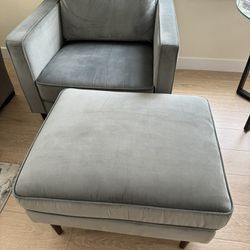 Velvet Steel Gray Accent Chair And Ottoman 