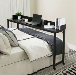 70.8" Overbed Table with Wheels, Mobile Standing Workstation Laptop Cart for Queen Full Size Bed, Black