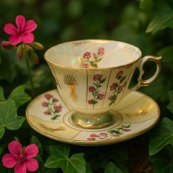 Japan 1950s Pink Floral & Gold Fan Panel Lusterware Teacup & Saucer