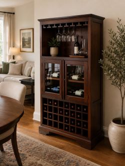 Dark Wood Wine Cabinet/ Bar Cabinet - Wine Rack and Glass Storage.
