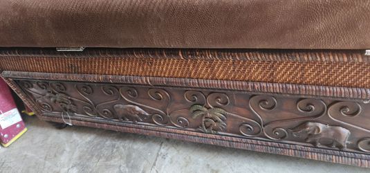 Carved Wood & Rattan Storage Bench Ottoman