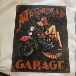Vintage-Style Motorcycle Garage Metal Sign – Pin-Up Biker Decor Man Cave