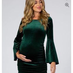 PinkBlush Forest Green Velvet Ruched Bell Sleeve Maternity Dress