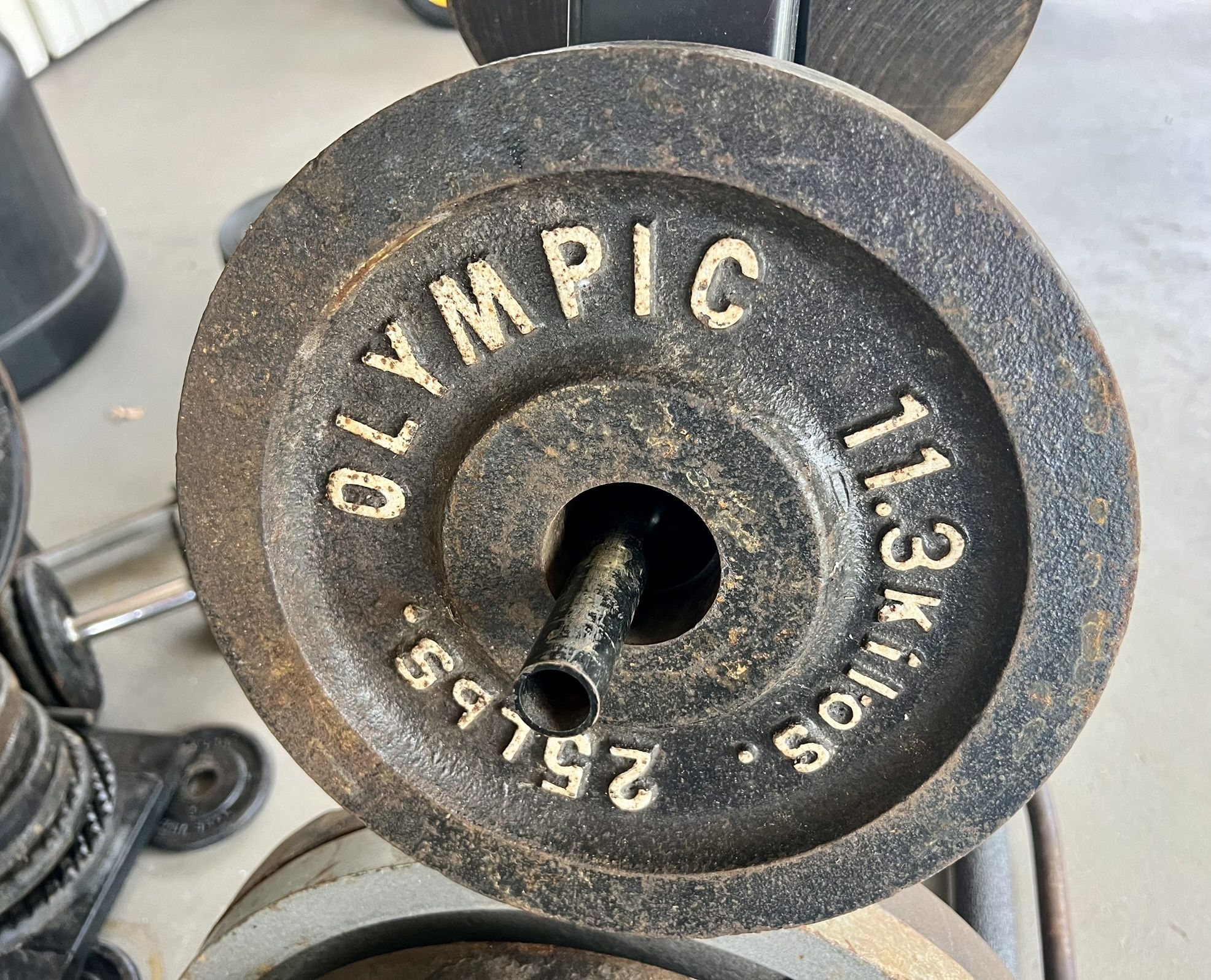 Vintage barbell & dumbbells 1" and 2” Hole Weight Plates Antique Cast Iron + Rack