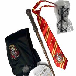 Harry Potter kids child X-small (5-6) yrs old Robe Set Wand, Tie, Glasses, X-small Robe Black Color, embroidered logo, unisex boys, girls, set of 4 pi