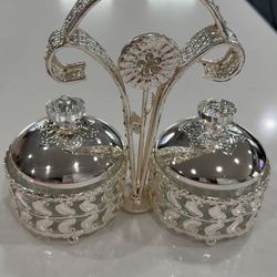 Silver Decorative Server w/ 2 Crystal Lidded Bowls