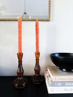 Set of 2 Autumn leaves carved pumpkin Thanksgiving taper candles