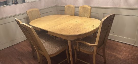 Vintage Wood Dining Table with 6 Cane Back Chairs