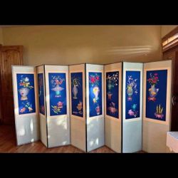 Antique Korean Embroidered Silk 8 Panel Screen Room Divider