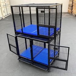 (NEW) $370 Stacking Dog Cage (Set of 2) Heavy Duty 41x31x65” Crate Kennel w/ Plastic Tray, Wheels